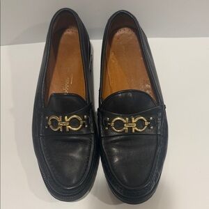 Salvatore Ferragamo Black Leather Loafers with Gold Gancini